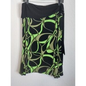 Springtime wrap skirt, black and green geometric design, size large asymmetrical